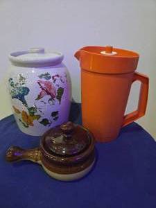 3 Piece Lot- Vintage Tupperware pitcher, Stoneware Cookie Jar, French Onion Soup Crock