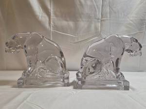 New Martinsville clear glass Panther bookends