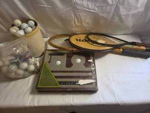 Sports Bundle -Golf balls, whiffle balls, rackets, putting station