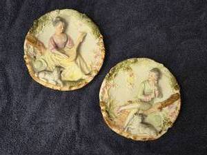 Vintage 3D Bisque porcelain wall plates Blue Boy & Pinky Girl