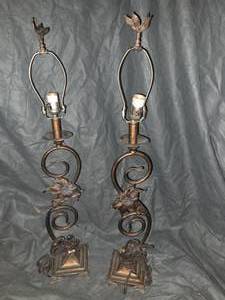 Two Vintage Wrought Iron table lamps with handcrafted metal flower design
