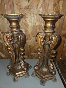 Vintage Pair of Ornate Bronze-finished candle holders