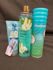 lot 59 image: Blue Lizard SPF 50 Face Sunscreen - Bodycology Jasmine Glow Mist - Skintimate Coconut Delight Gel