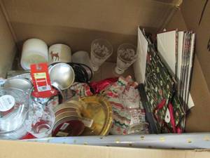 Box of gift bags, glasses, holiday ...