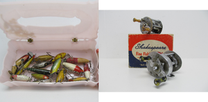Lot of Vintage Mostly Wooden Fishing Lures &amp 2 Reels