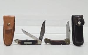 2 Old Vintage SCHRADE Larger Size Folding Knives wLeather Cases