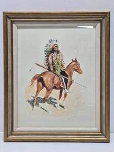 Nicely Framed Old Vintage Frederic Remington Print - A Sioux Chief
