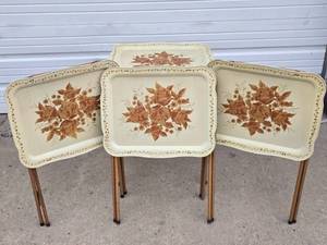 Nice Set of 4 Mid Century Metal Toleware TV Trays wStands
