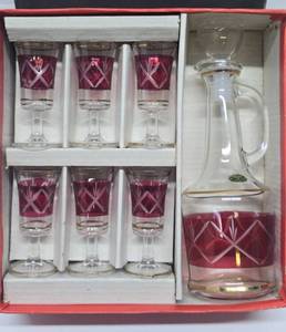 New in Box Vintage Italian Cranberry Glass Decanter Set wGlasses
