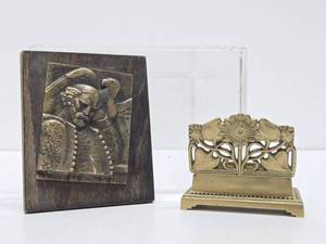 Signed Vintage Deco Brass Small Sculpture &amp Old Art Nouveau Brass Ring or Pill Box