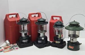 Lot of 4 Nice Condition COLEMAN Lanterns - 3 wTravel Cases