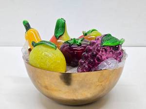 Solid Brass Centerpiece Bowl Full of Art Glass Fruit