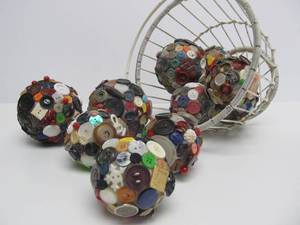 Metal Wire Basket Full of Folk Art Vintage Button Balls