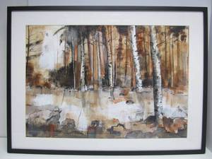 Beautiful Original Watercolor Landscape Painting wBirch Trees&nbsp