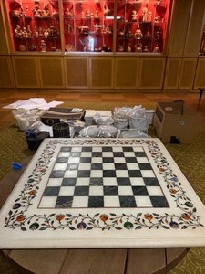 Large &amp Exceptional Italian Marble Chess Board w Genuine Gemstone Inlay