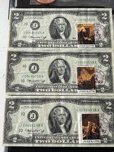 1976 Green Seal $2 Dollar Federal Reserve Notes Postmarked July 4 Consecutive Low Serial Numbers