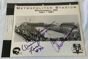 lot 68 image: Chuck Foreman, Bill Brown, and Oscar Reed Autographed Metropolitan Stadium Minnesota Vikings Photo