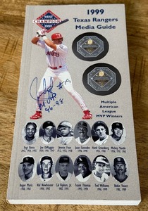 lot 38 image: Juan Gonzalez Autographed 1999 Texas Rangers Media Guide Inscribed MVP 96-98