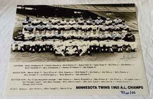 lot 2 image: 1965 Minnesota Twins AL Champs Team Signed 16x10 Photo Only 100 Exist - Versalles, Killebrew, Oliva, Perry, Mudcat, Mele - 22 Total Autographs, RARE
