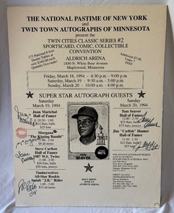 lot 16 image: Tom Seaver, Catfish Hunter, Juan Marichal, Steve Carlton, JR Rider, Mogana Autographed 18x24 Foam Board Poster From 1994 Maplewood Card Convention