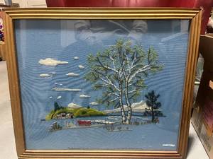 lot 47 image: 1974 Avon Framed Needlepoint Lakescape  28 X 32