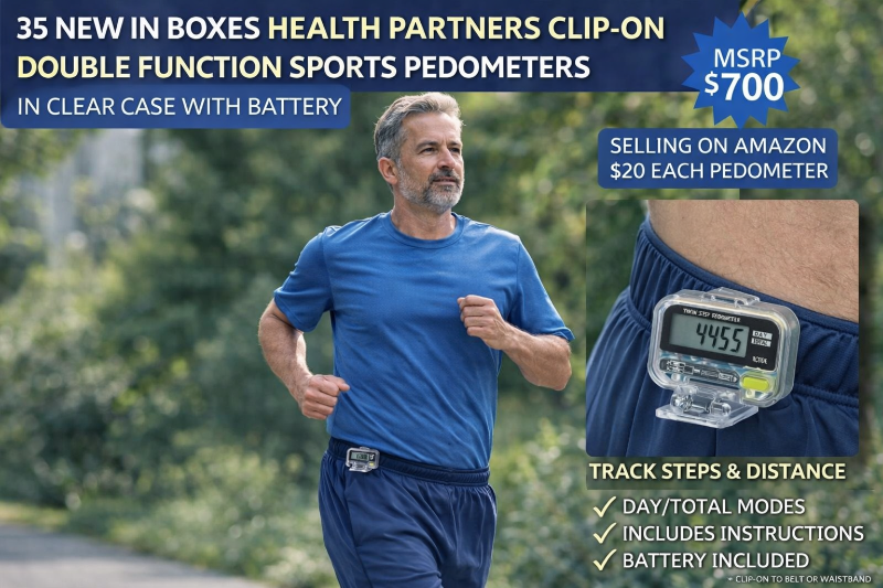 MSRP $700  35 NEW In Boxes Health Partners Clip On Double Function Sports Pedometers In Clear Case With Battery Comes With Instructions (Selling On Amazon $20 Each Pedometer)