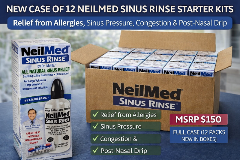 MSRP $150 NEW Case of 12 NeilMed Sinus Rinse Starter Kits. Complete saline rinse system relief from allergies, sinus pressure, congestion &amp post-nasal drip. Great for resale, clinics &amp more Helps combat winter dryness &amp coldflu season