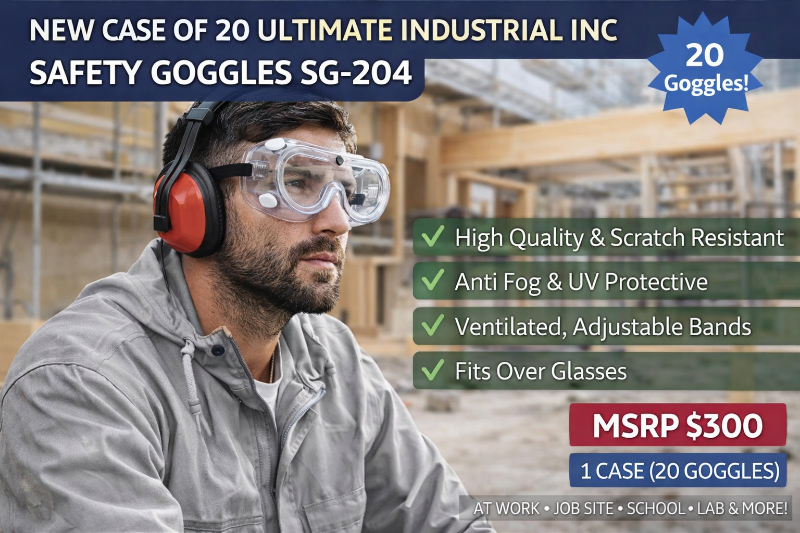 MSRP $300 1 Case (20 Goggles) High Quality Ultimate Industrial Inc Safety Goggles SG-204&nbspAnti Fog Protective Scratch Resistant UV Ventilated Clear&nbspGoggles Fits Over Glasses Adjustable Bands For At&nbspWork, Job Site, School, Lab &amp More