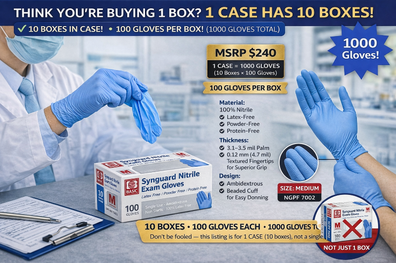 MSRP $240 1 Case (1000 gloves) NEW Synguard Latex-Free Powder-Free Protein-Free (to eliminate risks of Type I hypersensitivity)&nbspNitrile Exam Gloves Size M textured fingertips measuring 4.7 mil thickness for enhanced grip in wet or dry conditions