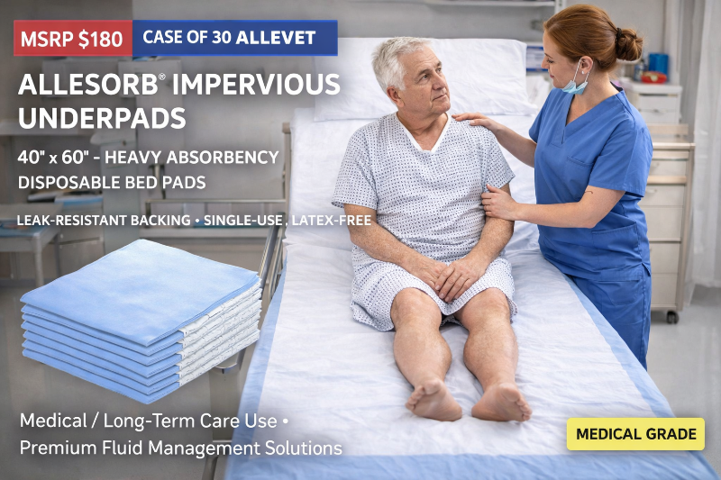 MSRP $180  Case of 30 Allevet Allesorb Impervious Underpads 40 x 60  Heavy Absorbency Disposable Bed Pads, Leak-Resistant Backing, Single-Use, Latex-Free, Medical  Long-Term Care Use