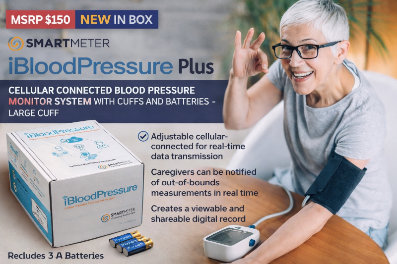 MSRP $150 NEW In Box SmartMeter iBloodPressure Plus Cellular Connected Blood Pressure Monitor System with Cuffs and Batteries - Large Cuff