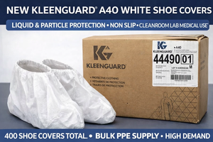 MSRP $400 400CS NEW KLEENGUARD A40 SHOE COVERS WHITE, HIGH GRADE LIQUID &amp PARTICLE PROTECTION, NON SKIDSLIP, CLEANROOM LAB MEDICAL USE - ONE FITS ALL