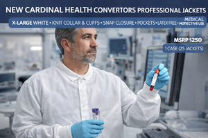 MSRP $250 25CS NEW CARDINAL HEALTH CONVERTERS PROFESSIONAL LAB JACKETS X-LARGE WHITE, KNIT COLLAR, KNIT CUFFS, SNAP CLOSURE, POCKETS, LATEX FREE, MEDICAL LAB PROTECTIVE USE