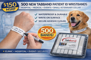 MSRP $150 500PKG NEW TABBAND PATIENT ID WRISTBANDS 1 X 10 IDENTIFICATION BANDS&nbsp WATERPROOF DURABLE WRITE-ON SURFACE SECURE ADHESIVE CLOSURE EVENT SECURITY TRACKING VETERINARY COLLAR USE