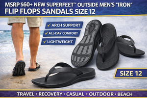 MSRP $60 NEW SUPERFEET OUTSIDE MENS IRON FLIP FLOPS SANDALS BLACK SIZE 12  ARCH SUPPORT, ALL-DAY COMFORT, LIGHTWEIGHT CUSHIONED RECOVERY, TRAVEL &amp EVERYDAY WEAR