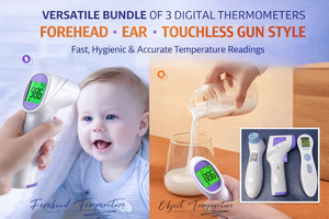 MSRP $150 3 DIGITAL THERMOMETERS (FOREHEAD INFRARED  EAR  TOUCHLESS GUN)  FAST ACCURATE READINGS, NON-CONTACT, HOMECLINIC USE - ALL WORK THOUGH MAY NEED NEW BATTERY