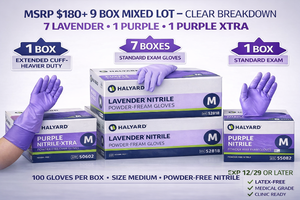 MSRP $180 9 BOX HALYARD NITRILE GLOVES (M) MIXED LOT  7 LAVENDER 52818 (STANDARD)  1 PURPLE 55082 (STANDARD)  1 PURPLE XTRA 50602 (HEAVIER DUTYEXTENDED CUFF)  POWDER-FREE MEDICAL EXAM  EXP 1229 OR LATER  CLINICRESALE READY