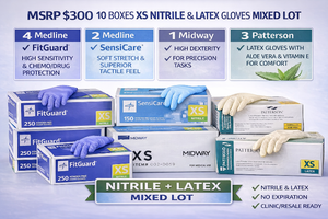MSRP $300 10 BOXES XS NITRILE GLOVES MIXED LOT 4 MEDLINE FITGUARD HIGH SENSITIVTY &amp DRUG PROTECTION 2 MEDLINE SENSICARE SOFT STRETCH &amp TACTILE FEEL 1 MIDWAY HIGH DEXTERITY FOR PRECISION 3 PATTERSON LATEX&nbspWAloe Vera &amp Vitamin E