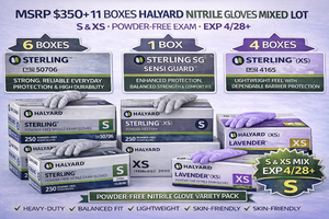 MSRP $350 11 BOXES HALYARD NITRILE GLOVES MIXED LOT 6 STERLING (S) HIGH DURABILITY 1 STERLING SG SENSI GUARD (S) FOR SENSITIVE SKIN &amp DRUGS PROTECTION 2 STERLING (XS) 50705 2 LAVENDER (XS) 52816 SOFTER COMFORT WEAR  EXP 428 OR LATER