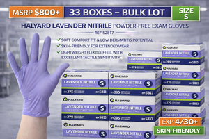 MSRP $800 33 BOXES HALYARD LAVENDER NITRILE GLOVES (S) REF 52817 SOFT COMFORT FIT &amp LOW DERMATITIS POTENTIAL&nbspFOR EXTENDED WEAR&nbsp EXCELLENT TACTILE SENSITIVITY  POWDER-FREE EXAM GRADE  EXP 430 OR LATER  BULK CLINICRESALE READY