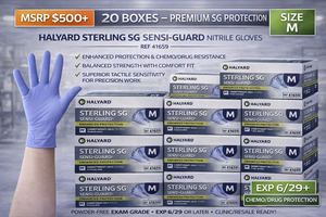 MSRP $500 20 BOXES HALYARD STERLING SG SENSI-GUARD NITRILE GLOVES (M) REF 41659 CHEMODRUG ENHANCED PROTECTION, PREMIUM&nbspTACTILE SENSITIVITY FOR PRECISE WORK POWDER-FREE EXAM GRADE  EXP 629 OR LATER  CLINICRESALE READY
