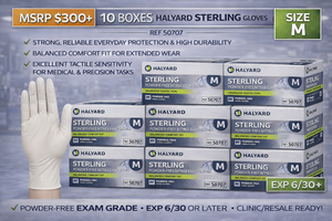 MSRP $300 10 BOXES HALYARD 50707 STERLING POWDER-FREE NITRILE EXAM GLOVES (M) - HIGH TENSILE STRENGTH WITH THIN PROFILE, SIGNIFICANTLY STRONGER GLOVES, DISTINCTIVE STERLING COLOR - EXP 630 OR LATER - CLINICRESALE READY