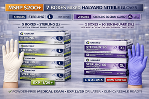 MSRP $200 7 BOXES MIXED HALYARD NITRILE GLOVES 5 STERLING (L) STRONG PROTECTIONHIGH DURABILITY 2 STERLING SG SENSI-GUARD (XL) ENHANCED&nbspCHEMODRUG&nbspPROTECTION, COMFORT FIT, POWDER-FREE  EXP 1129LATER  CLINICRESALE READY