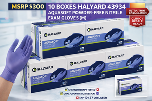 MSRP $300 10 BOXES HALYARD 43934 AQUASOFT POWDER-FREE NITRILE EXAM GLOVES (M) - ULTRA-THIN FORMULATION, CHEMOTHERAPY TESTED, DUAL-OPENING BOX DESIGN - EXP 1027 OR LATER - CLINICRESALE READY