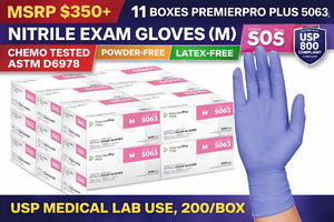 MSRP $350 11 BOXES PREMIERPRO PLUS 5063 NITRILE EXAM GLOVES (M), CHEMO TESTED ASTM D6978, POWDER-FREE LATEX-FREE, 3.5 MIL TEXTURED GRIP, USP 800 COMPLIANT, EMS MEDICAL LAB USE, 200BOX USES ADVANCED NITRILE FORMULATION