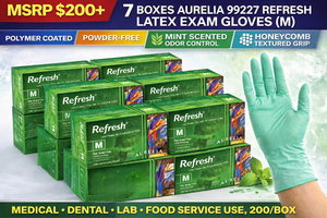 MSRP $200 7 BOXES AURELIA 99227 REFRESH LATEX EXAM GLOVES (M), POWDER-FREE MINT SCENTED ODOR CONTROL, HONEYCOMB TEXTURED GRIP, MEDICAL DENTAL LAB FOOD SERVICE USE, 200BOX POLYMER COATED
