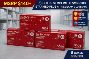 MSRP $140 5 BOXES SEMPERMED SMNP303 STARMED PLUS NITRILE EXAM GLOVES (M), CHEMO TESTED FENTANYL SAFE, POWDER-FREE LATEX-FREE, 300BOX HIGH CAPACITY, USP 800 COMPLIANT, EMT POLICE MEDICAL DENTAL LAB USE