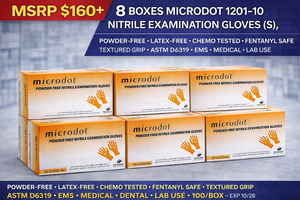 MSRP $160 8 BOXES MICRODOT 1201-10 NITRILE EXAMINATION GLOVES (S), POWDER-FREE LATEX-FREE, CHEMO TESTED FENTANYL SAFE, TEXTURED GRIP, ASTM D6319, EMS MEDICAL DENTAL LAB USE  EXP 1028  CLINICRESALE READY