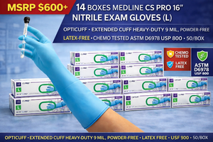 MSRP $600+ 14 BOXES MEDLINE CS PRO 16" NITRILE EXAM GLOVES (L) OPTICUFF, EXTENDED CUFF HEAVY-DUTY 9 MIL, POWDER &amp; LATEX-FREE, CHEMO TESTED ASTM D6978 USP 800, FULLY TEXTURED GRIP, MEDICAL LAB DECONTAMINATION USE, 50/BOX&nbsp;