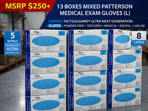 MSRP $250 13 BOXES MIXED PATTERSON MEDICAL EXAM GLOVES (L), 5 NITRILE TACTILEGUARD ULTRA NEXT GEN  8 LATEX, POWDER-FREE TEXTURED, MEDICAL DENTAL LAB USE, MIXED INVENTORY BULK LOT